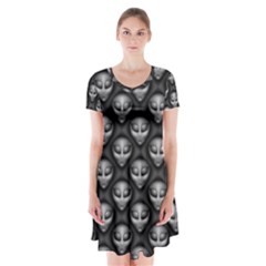 Grey Aliens Extraterrestrials Ufo Faces Short Sleeve V-neck Flare Dress by SpinnyChairDesigns