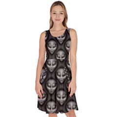 Grey Aliens Extraterrestrials Ufo Faces Knee Length Skater Dress With Pockets by SpinnyChairDesigns