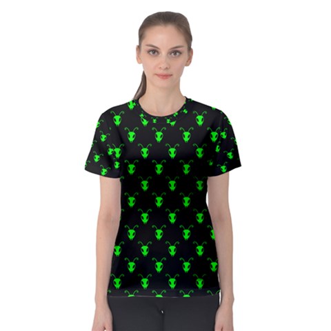 Neon Green Bug Insect Heads On Black Women s Sport Mesh Tee by SpinnyChairDesigns