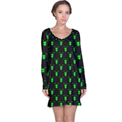 Neon Green Bug Insect Heads On Black Long Sleeve Nightdress by SpinnyChairDesigns