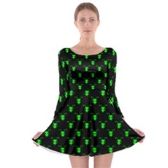 Neon Green Bug Insect Heads On Black Long Sleeve Skater Dress by SpinnyChairDesigns