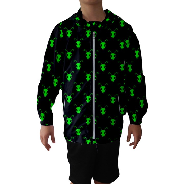 Neon Green Bug Insect Heads on Black Kids  Hooded Windbreaker