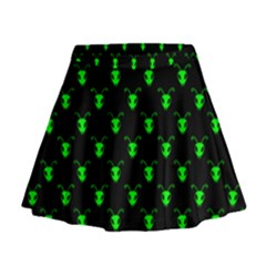 Neon Green Bug Insect Heads On Black Mini Flare Skirt by SpinnyChairDesigns