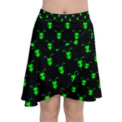 Neon Green Bug Insect Heads On Black Chiffon Wrap Front Skirt by SpinnyChairDesigns