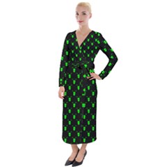 Neon Green Bug Insect Heads On Black Velvet Maxi Wrap Dress by SpinnyChairDesigns