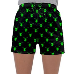 Neon Green Bug Insect Heads On Black Sleepwear Shorts by SpinnyChairDesigns