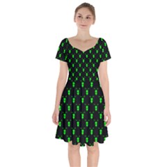 Neon Green Bug Insect Heads On Black Short Sleeve Bardot Dress by SpinnyChairDesigns