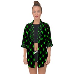 Neon Green Bug Insect Heads On Black Open Front Chiffon Kimono by SpinnyChairDesigns