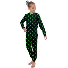 Neon Green Bug Insect Heads On Black Kids  Long Sleeve Set  by SpinnyChairDesigns