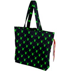 Neon Green Bug Insect Heads On Black Drawstring Tote Bag by SpinnyChairDesigns