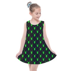 Neon Green Bug Insect Heads On Black Kids  Summer Dress by SpinnyChairDesigns