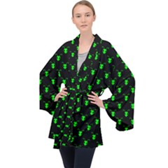 Neon Green Bug Insect Heads On Black Long Sleeve Velvet Kimono  by SpinnyChairDesigns