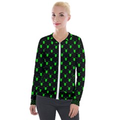 Neon Green Bug Insect Heads On Black Velour Zip Up Jacket by SpinnyChairDesigns