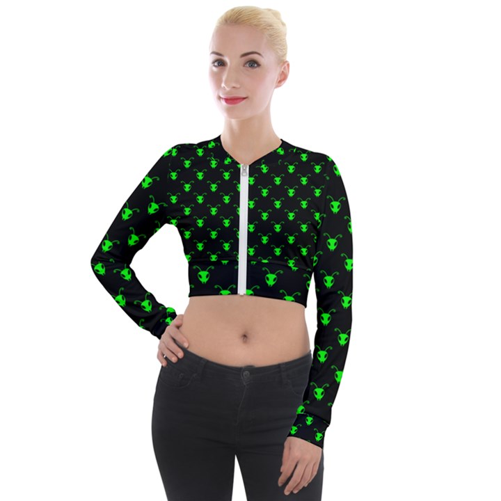 Neon Green Bug Insect Heads on Black Long Sleeve Cropped Velvet Jacket