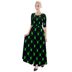 Neon Green Bug Insect Heads On Black Half Sleeves Maxi Dress by SpinnyChairDesigns