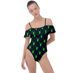 Neon Green Bug Insect Heads On Black Frill Detail One Piece Swimsuit by SpinnyChairDesigns