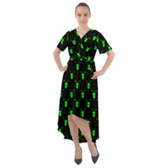 Neon Green Bug Insect Heads On Black Front Wrap High Low Dress by SpinnyChairDesigns