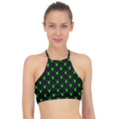 Neon Green Bug Insect Heads On Black Racer Front Bikini Top by SpinnyChairDesigns