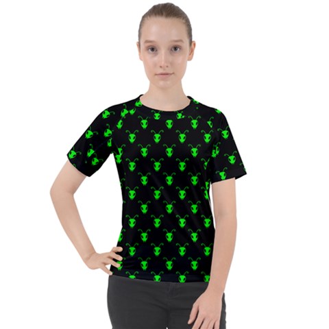 Neon Green Bug Insect Heads On Black Women s Sport Raglan Tee by SpinnyChairDesigns