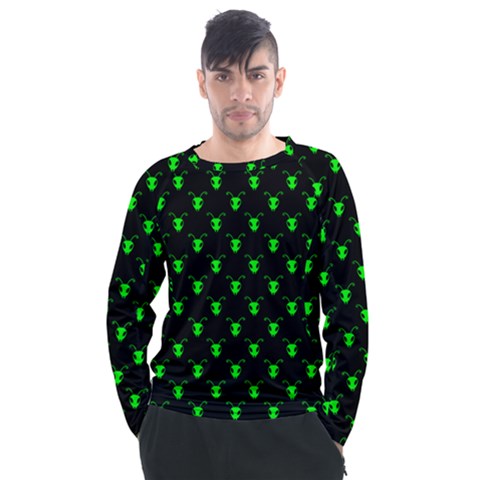 Neon Green Bug Insect Heads On Black Men s Long Sleeve Raglan Tee by SpinnyChairDesigns