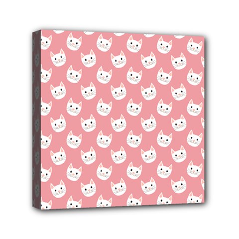 Cute Cat Faces White And Pink Mini Canvas 6  X 6  (stretched) by SpinnyChairDesigns