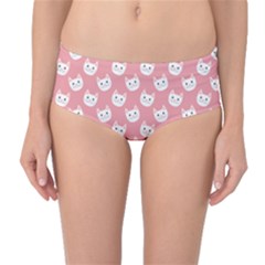 Cute Cat Faces White And Pink Mid-waist Bikini Bottoms by SpinnyChairDesigns