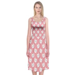 Cute Cat Faces White And Pink Midi Sleeveless Dress by SpinnyChairDesigns