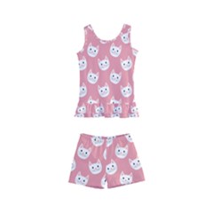 Cute Cat Faces White And Pink Kids  Boyleg Swimsuit by SpinnyChairDesigns