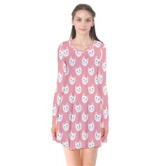 Cute Cat Faces White And Pink Long Sleeve V-neck Flare Dress by SpinnyChairDesigns