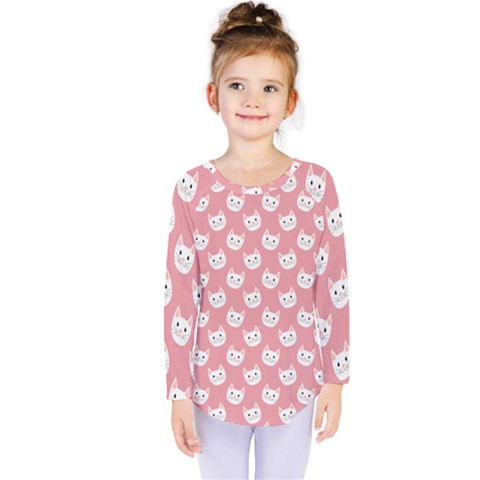 Cute Cat Faces White And Pink Kids  Long Sleeve Tee by SpinnyChairDesigns