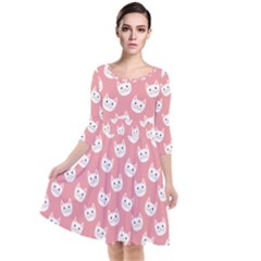 Cute Cat Faces White And Pink Quarter Sleeve Waist Band Dress by SpinnyChairDesigns