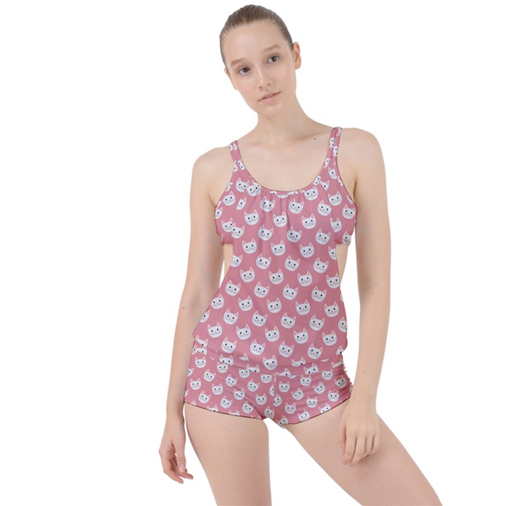 Cute Cat Faces White and Pink Boyleg Tankini Set 