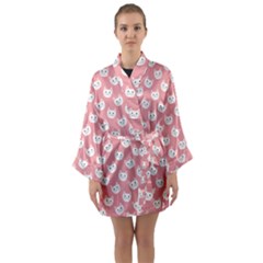 Cute Cat Faces White And Pink Long Sleeve Satin Kimono by SpinnyChairDesigns