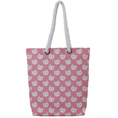 Cute Cat Faces White And Pink Full Print Rope Handle Tote (small) by SpinnyChairDesigns