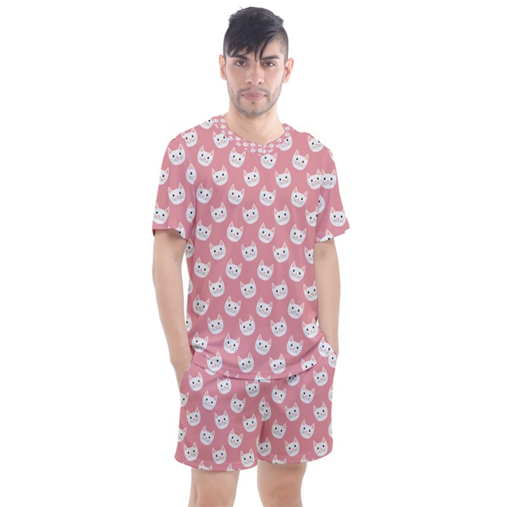 Cute Cat Faces White and Pink Men s Mesh Tee and Shorts Set