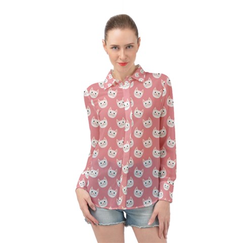 Cute Cat Faces White And Pink Long Sleeve Chiffon Shirt by SpinnyChairDesigns