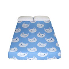 Cute Cat Faces White And Blue  Fitted Sheet (full/ Double Size) by SpinnyChairDesigns