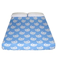 Cute Cat Faces White And Blue  Fitted Sheet (california King Size) by SpinnyChairDesigns