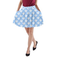 Cute Cat Faces White And Blue  A-line Pocket Skirt by SpinnyChairDesigns