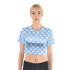 Cute Cat Faces White And Blue  Cotton Crop Top by SpinnyChairDesigns