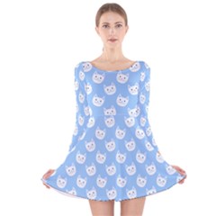 Cute Cat Faces White And Blue  Long Sleeve Velvet Skater Dress by SpinnyChairDesigns