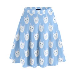 Cute Cat Faces White And Blue  High Waist Skirt by SpinnyChairDesigns