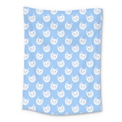 Cute Cat Faces White And Blue  Medium Tapestry by SpinnyChairDesigns