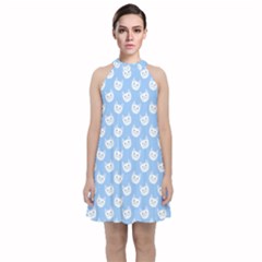 Cute Cat Faces White And Blue  Velvet Halter Neckline Dress  by SpinnyChairDesigns