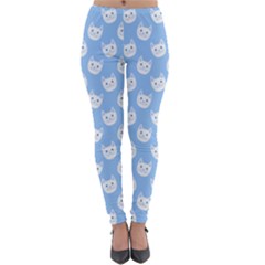 Cute Cat Faces White And Blue  Lightweight Velour Leggings by SpinnyChairDesigns