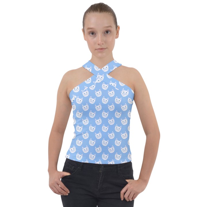 Cute Cat Faces White and Blue  Cross Neck Velour Top