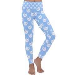 Cute Cat Faces White And Blue  Kids  Lightweight Velour Classic Yoga Leggings by SpinnyChairDesigns