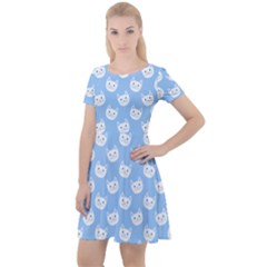 Cute Cat Faces White And Blue  Cap Sleeve Velour Dress  by SpinnyChairDesigns