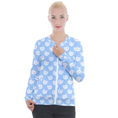 Cute Cat Faces White And Blue  Casual Zip Up Jacket by SpinnyChairDesigns