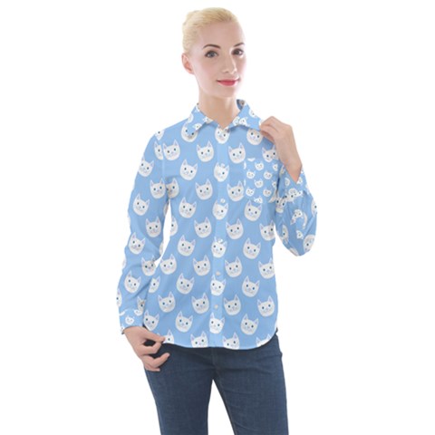 Cute Cat Faces White And Blue  Women s Long Sleeve Pocket Shirt by SpinnyChairDesigns